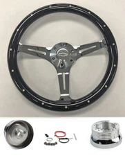 Blazer C10 C20 C30 Pick Up 15" Black Wood Steering Wheel on Chrome Bowtie Cap