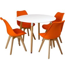 Circular Dining Table Set 4 Dinner Kitchen Chairs White Solid Beech Wood Orange