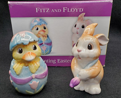 Fitz & Floyd Painting Easter Eggs Bunny Rabbit Salt & Pepper Shakers 2004 BOX