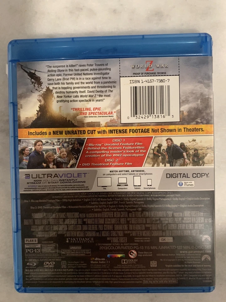 Horror Blu-Ray/DVD Combo Lot: World War Z/ The First Purge, Brad Pitt, 2013/2018 - Image 2 of 4