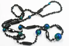 Antique Vintage Foil Glass Art Nouveau Victorian Peacock Eye Necklace C2-44