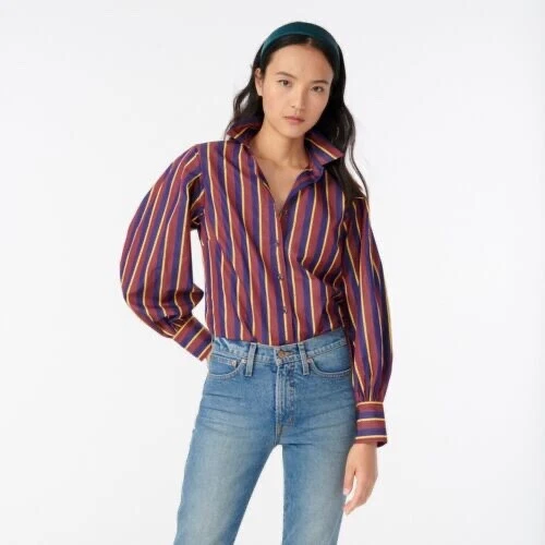 J. Crew Small Thomas Mason Classy Burgundy Navy Stripe Billow Sleeve Blouse NWT
