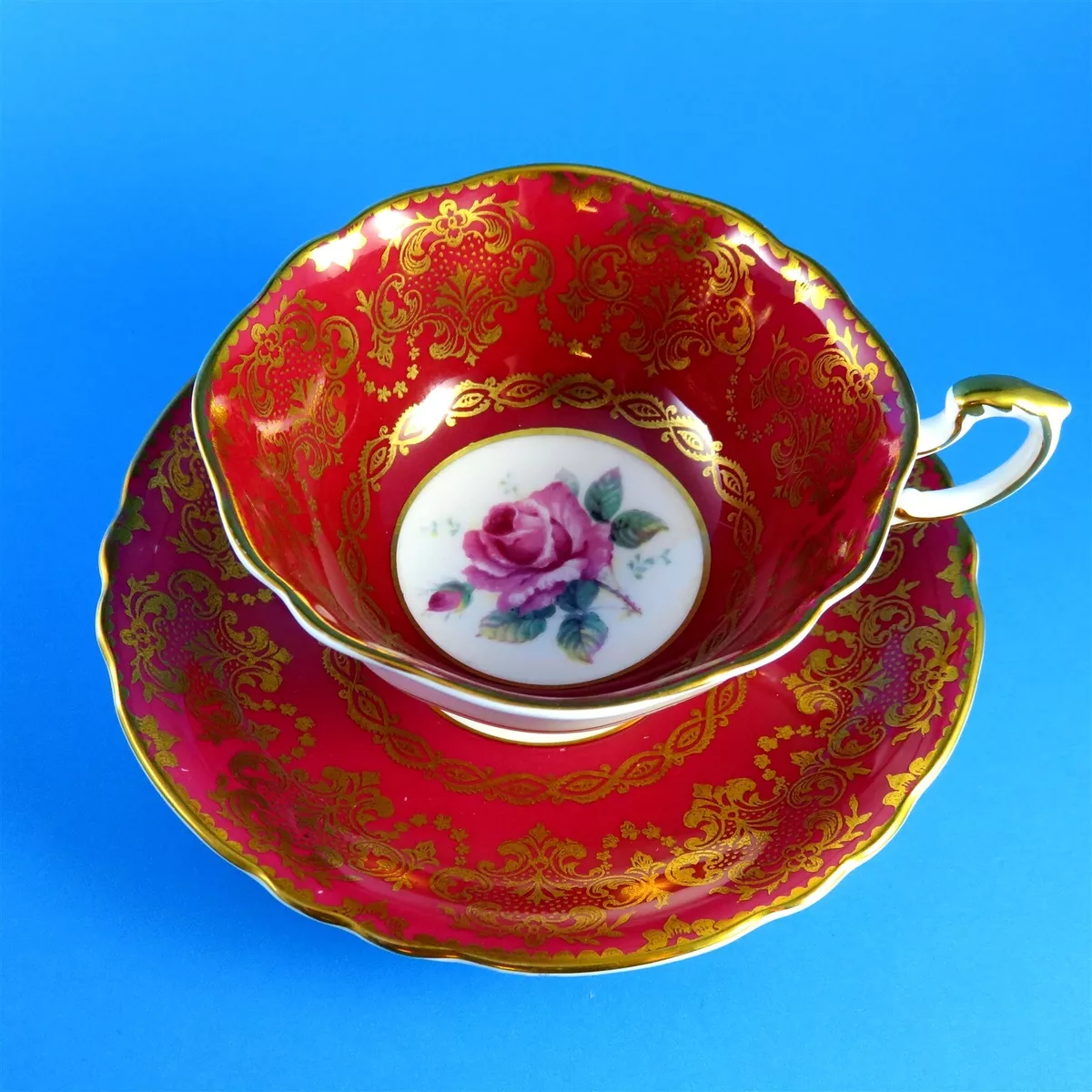 Pink Floating Cabbage Rose Center with Red Border Paragon Tea Cup and  Saucer Set | eBay