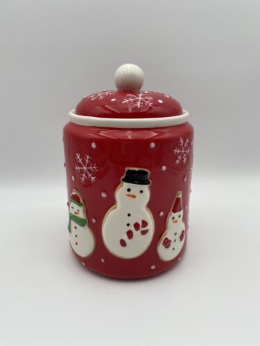 Bote de tarro de galletas rojo de cerámica exclusivo de muñecos de nieve y copos de nieve Hallmark - Imagen 1 de 5