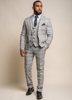 Men's Cavani Grey Tweed Check Wedding Piece Slim Fit Suit Business Formal 