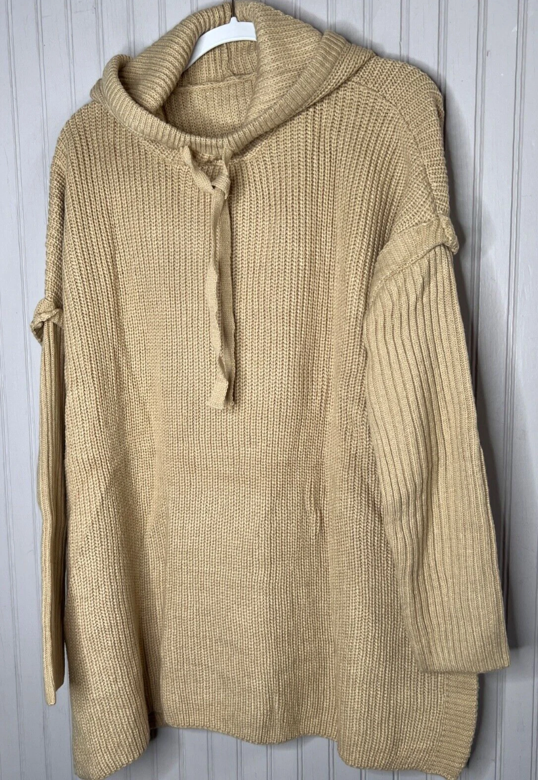 Boutique Womens HOODED SWEATER PONCHO 22 24 Brown Open Side Tie NEW