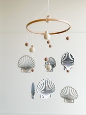 Wooden seashell baby nursery mobile, Felted balls baby cot mobile