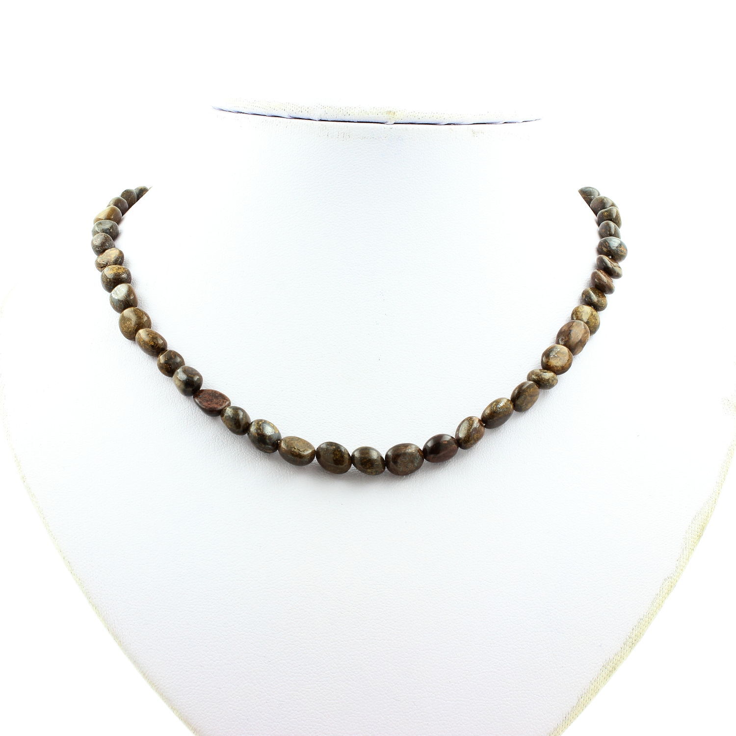 Collier en perles de Bronzite naturelle du Brésil et chaîne acier inoxydable de 45cm