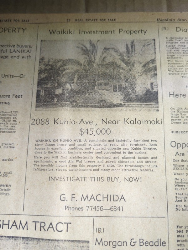 SEPT 30, 1944 NEWSPAPER PAGE #2114- WAIKIKI INVESTMENT PROPERTY- NEAR KALAIMOKI