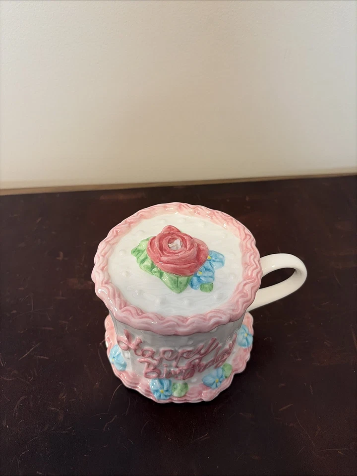 Taza de pastel floral vintage Teleflora feliz cumpleaños tapa cubierta taza Foto 2 de 4