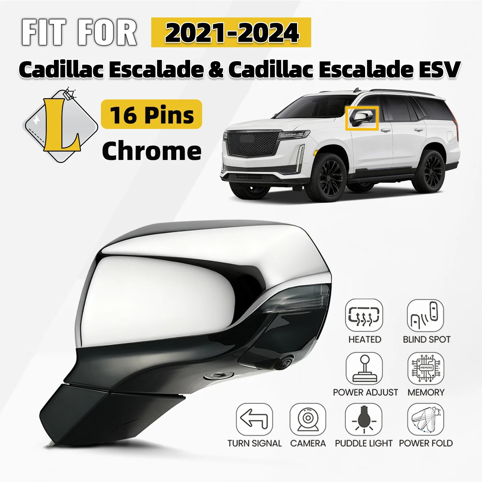 Side Mirror For 2021-2024 Cadillac Escalade W/Heated & Puddle Light 16 Pins Left