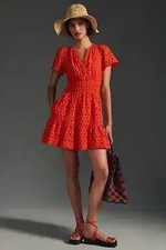 Anthropologie Somerset Mini Dress Eyelet Coral Orange Smocked Waist Size M
