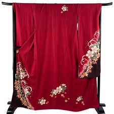 JAPANESE KIMONO FURISODE Red 165.5cm 5 ft 5 in PURE SILK AA9275