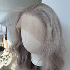 Synthetic Hair Heat Resistant Frontal T Lace Wigs Silver gray Long Wavy Women