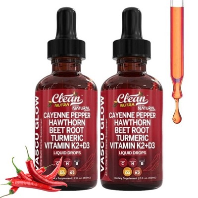 2x Vascu Flow Flüssigtropfen | Cayennepfeffer Weißdorn Kurkuma mit Vitamin D3+K2