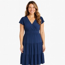 Knox Rose NWT Navy Blue V Neck Flutter Sleeve Tiered Midi Dress Size Large