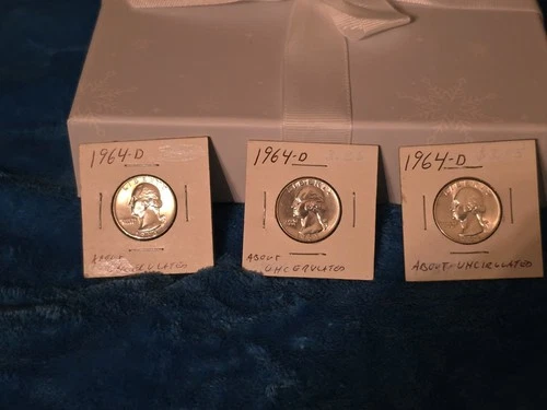 1964 D Washington Quarters - Lot Of Three Silver Coins  x3 About Uncirculated