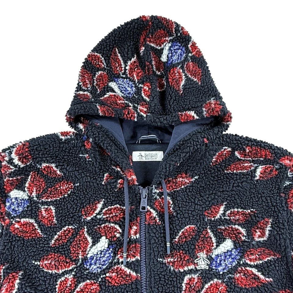 Original Penguin Sherpa Fleece Hoodie Mens XL Blue Red White Leaves Lined Zipper - Image 2 of 4
