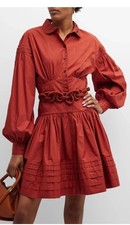 Merlette Buttondown Taylor Blouson-Sleeve Poplin Mini Shirt Dress S-3/4