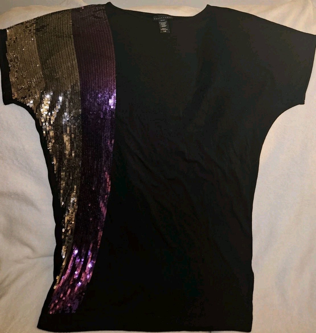 purple black dress white gold Apostrophe W/Gold & Sequins Large NWOT W@W L@@K optical illusion dress blue black white gold