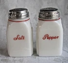 McKEE Vintage Roman ARCH Shakers 2 MILK GLASS Salt & Pepper SET White RED Letter