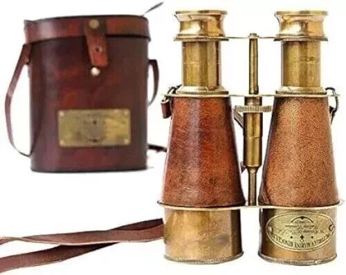Nautical Design Antique Victorian Marine Brass Leather Binocular Sailor - Picture 3 of 5