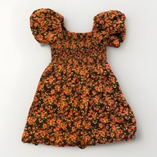 Gap Kids Girls Black Orange Fall Floral Puff Sleeve Smocked Babydoll Dress S 6-7