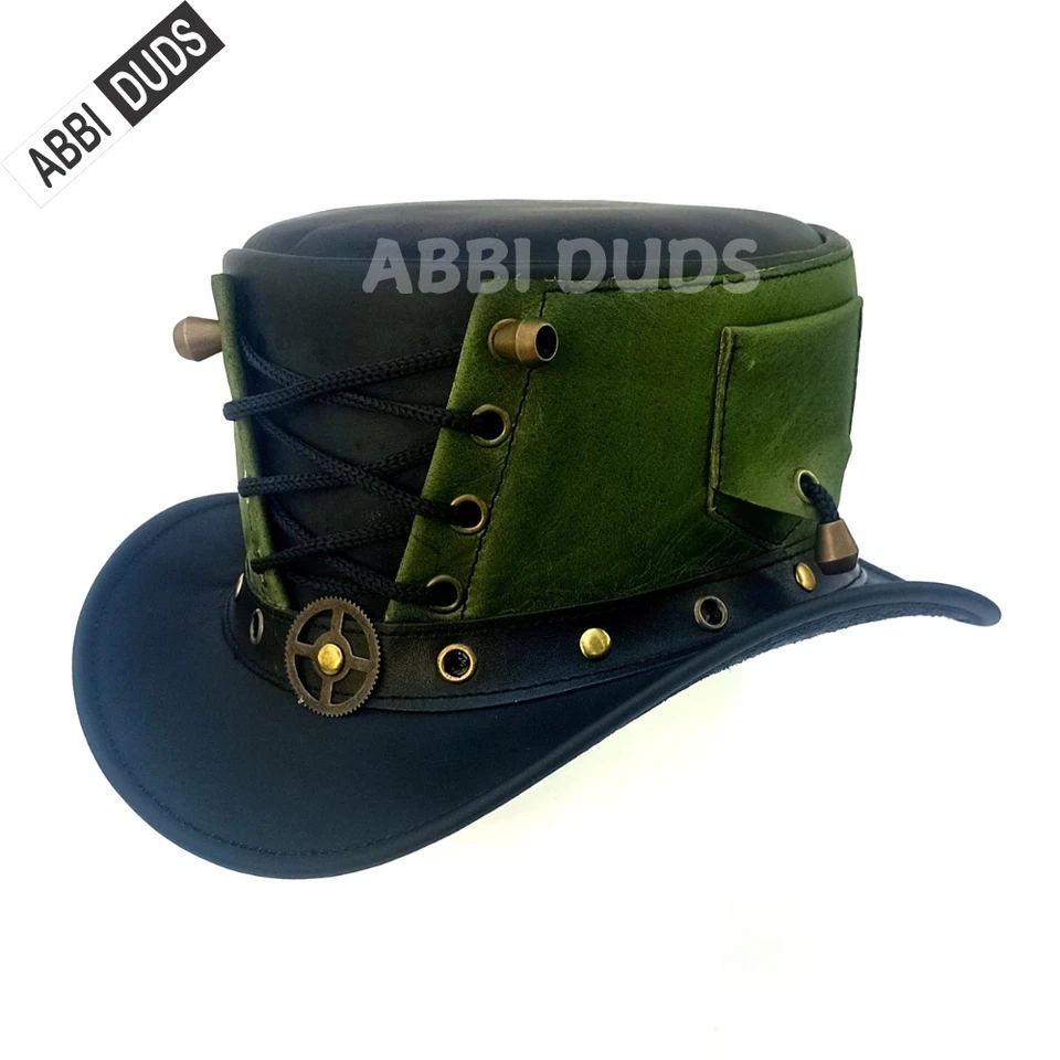 Sombrero de copa steampunk gótico estilo corsé de cuero artesanal negro y rojo Foto 3 de 4