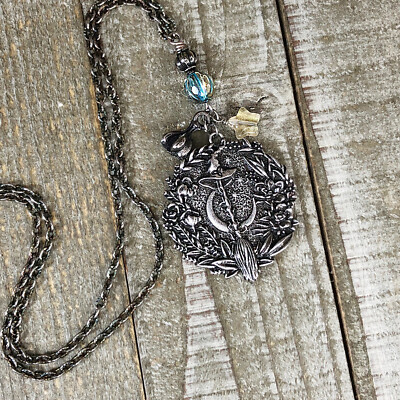 Halloween Pendant w Broom, Moon and Leaves, Czech Faceted Aqua Gold Melon Beads