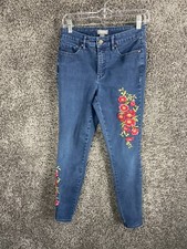 Martha Stewart Jeans Women's 4 Blue Denim Embroidered Flowers Straight Mid-Rise