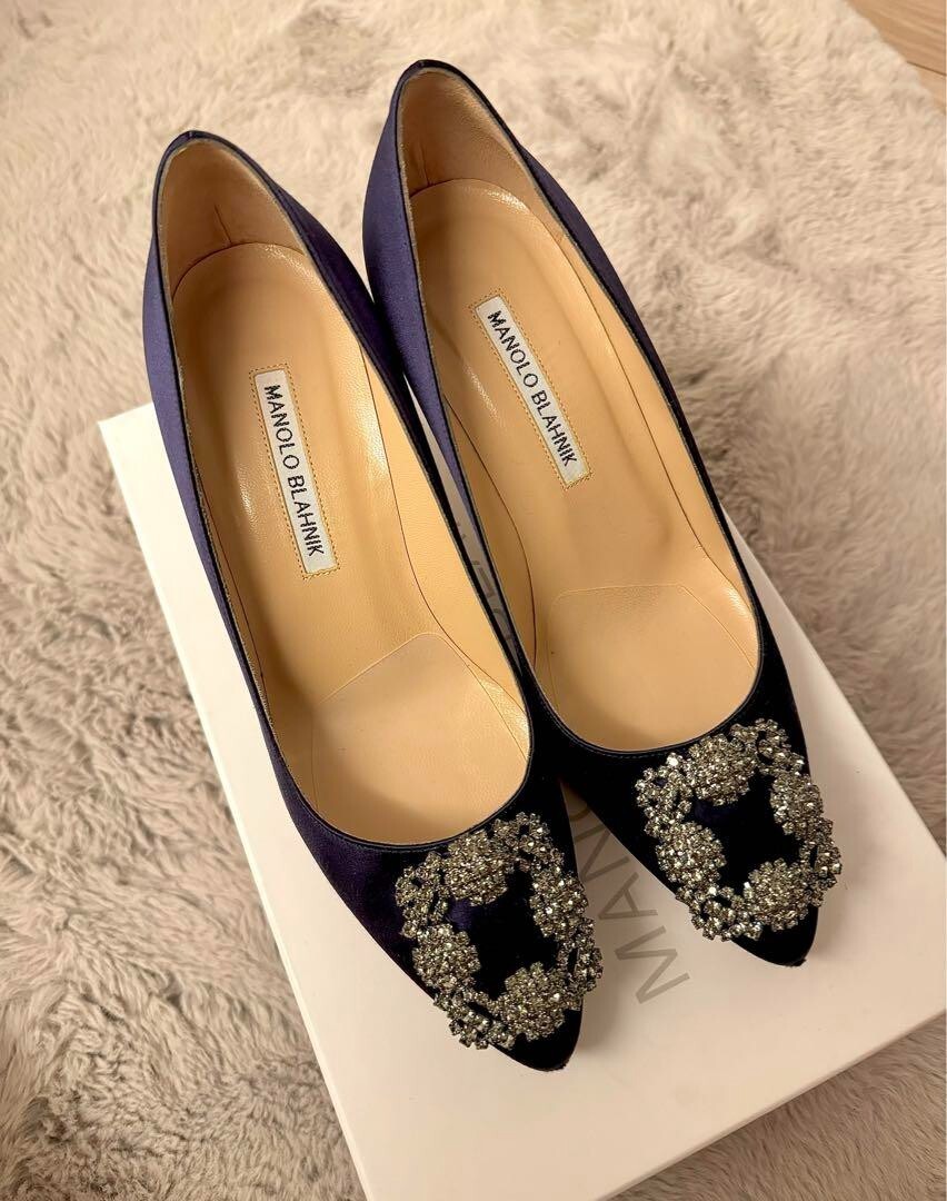 Manolo Blahnik HANGISI Navy Satin Jewel Buckle Pumps [US