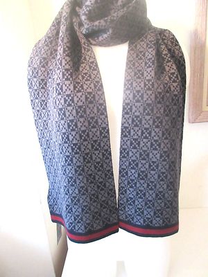 GUCCI SCARF 347979 100% WOOL DIAMANTE GREY & BLUE RED STRIPE SCARF