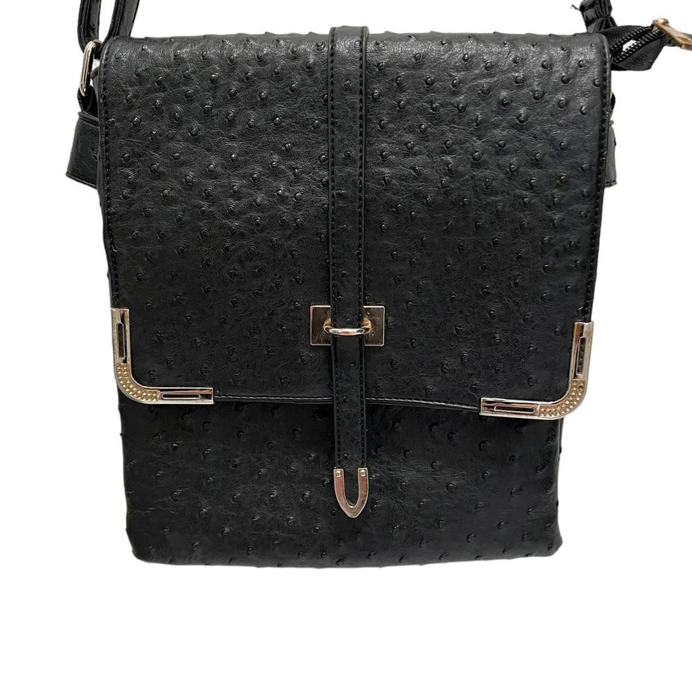 Crossbody Black Vegan Ostrich Leather Shoulder Bag Gem