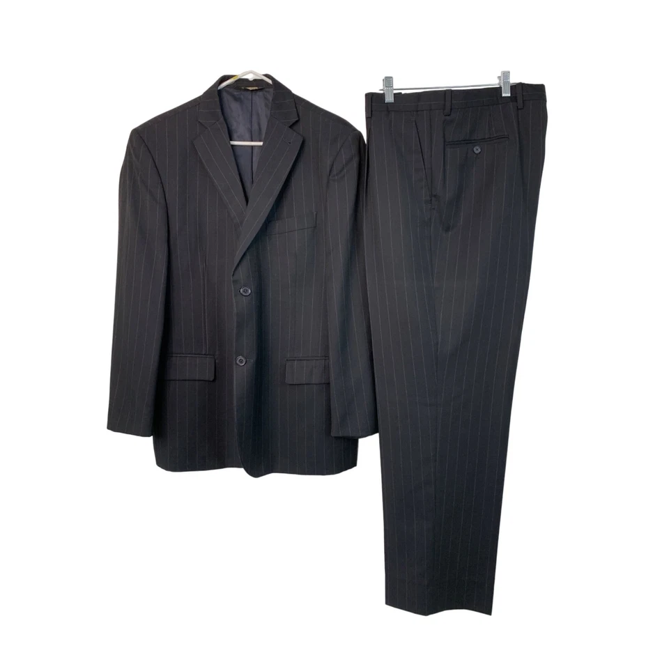 Костюм шерстяной мужской итальянский в тонкую полоску Zanetti размер 44L темно-синий б/у в отличном состоянии сделано в Италии 7258 - Изображение 2 из 4