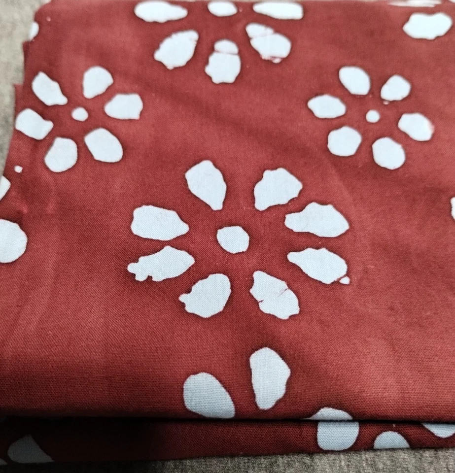 Batik Fabric Material 36" X 44" Dark Red White Flowers Dots Floral Abstract New - Image 2 of 3