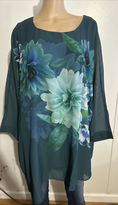 AVENUE Women's PLUS SIZE VIOLETTA TEAL FLORAL 30/32 ASYMMETRIC SIDE BLOUSE NEW!