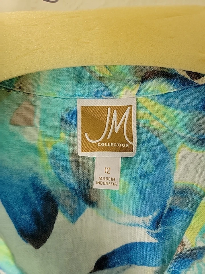 JMS 亚麻花卉上衣纽扣前皱褶袖 12 码 — 第 2/4 张图片