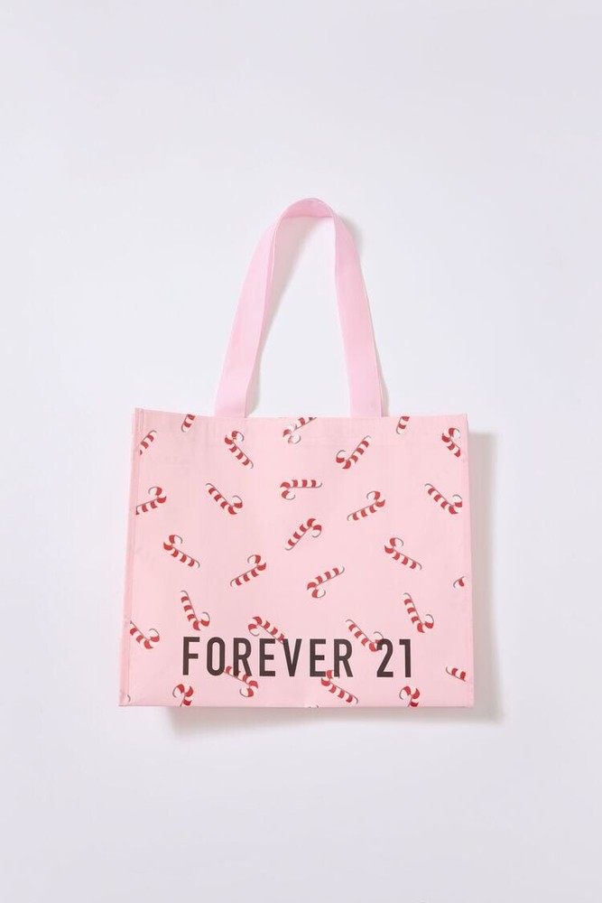FOREVER 21 Recycled Candy Cane Reusable Tote Bag Pink Large New