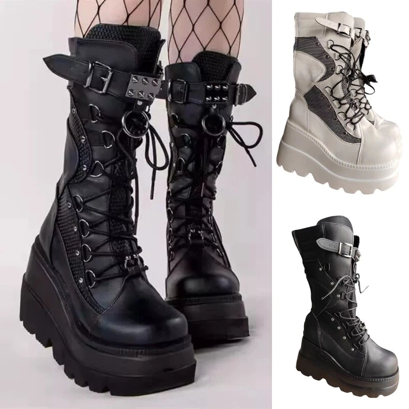 Womens Vintage Punk Goth Boot Lace Up Platform Boots Non Slip Motorcycle