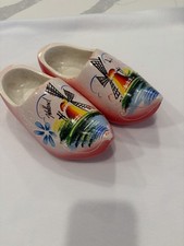 Hand-Painted Wood Dutch Clog Figurines Pair, Windmill Theme, 8 in Red/White