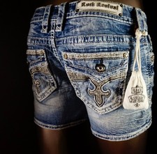 180 Buckle Rock Revival Jeans "Rima" Swarovski Leather Mid-Rise Shorts 29