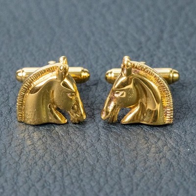 HERMES Cufflinks Horse Head Cheval Gold Plated Vintage Rare