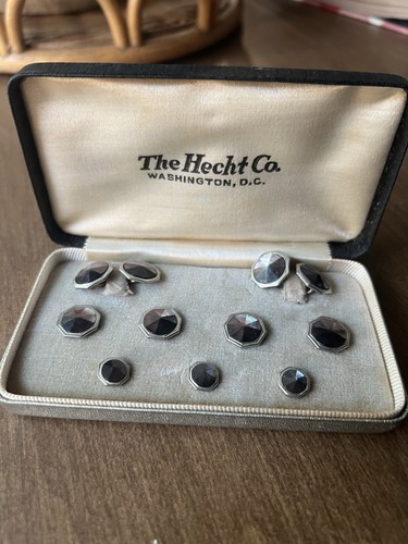 Vintage Art Deco Tuxedo Set Abalone Gold Plate Cuff Links Shirt Studs In Box