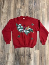 Vintage 90s Cardinal Christmas Snow Bird Mistletoe Red Crewneck Sweatshirt Large