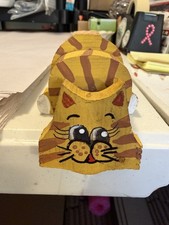 Vintage Hand Made And Painted Wooden Cat Shelf Sitter 2” Tall 2.5” Long Cute!