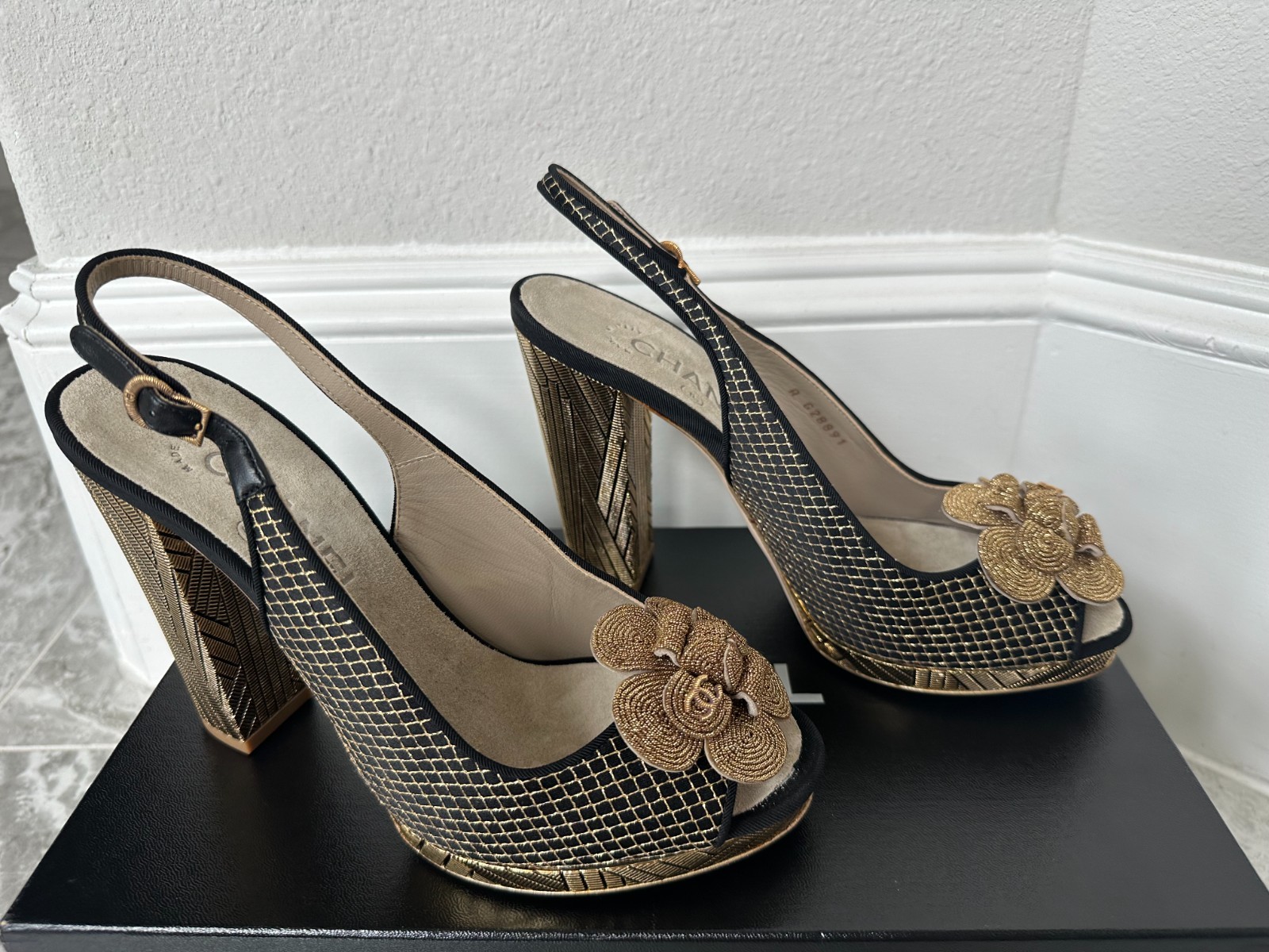 CHANEL Camellia Black and Gold Floral Slingback Heels image 3