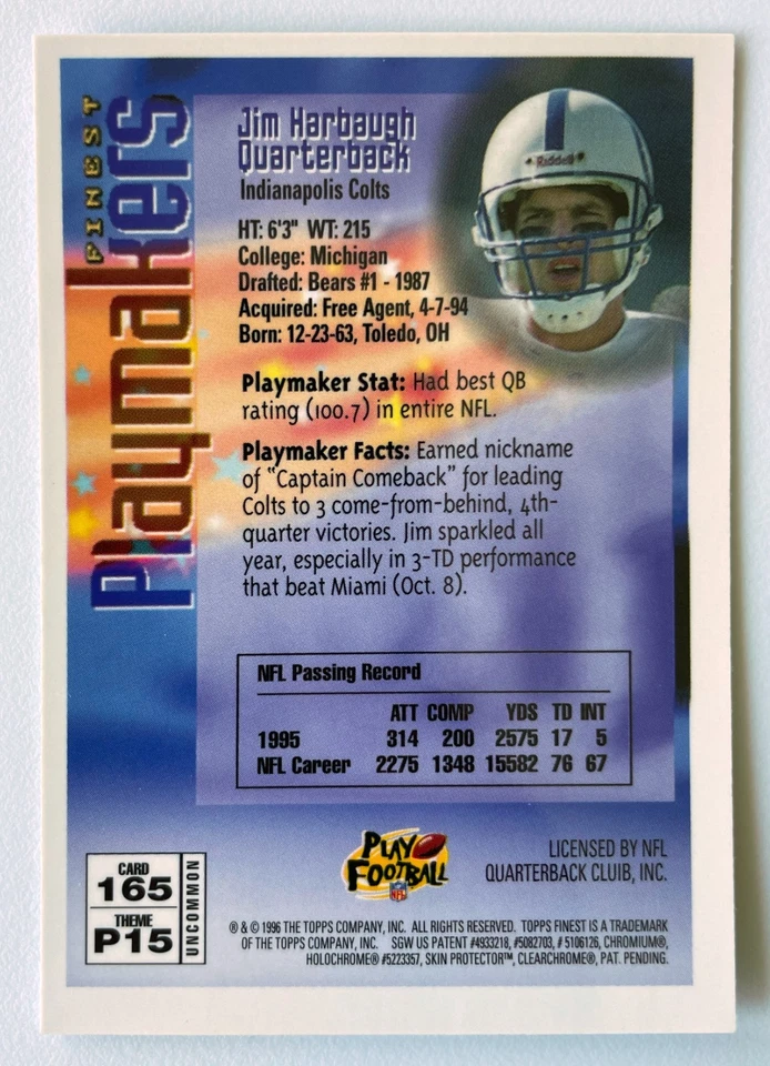 JIM HARBAUGH 🏈 1996 Finest #165 🏈 Playmakers Silver, Uncommon, w/Coating 🐎 - Image 2 of 2