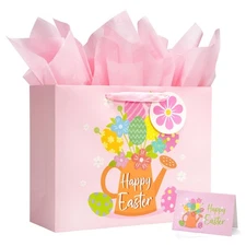 13-inch Large Pink Gift Bag with Tissue Paper for Kids Easter Egg Hunt Party