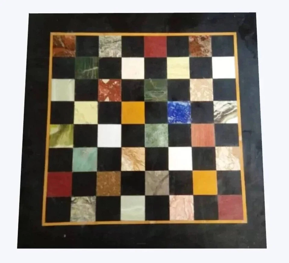 12"Black Marble Chess Board Game Inlay Multi Stone Mid Century Modern Home Decor - Image 2 of 4