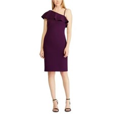 Ralph Lauren Purple Cocktail Dress Beaded Ruffled One Shoulder Sheath Size 4